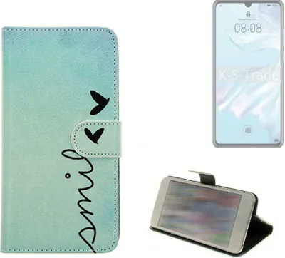 Produktbild von K-S-Trade Schutz Hülle Handy Hülle kompatibel mit Huawei P30 Lite Hülle Handyhülle cover bookstyle Etui Handyhülle ''smile'' türkis