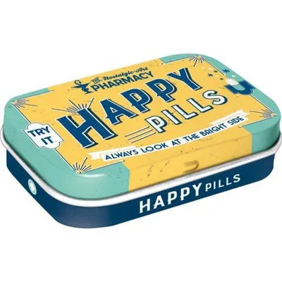 A rectangular tin box with a vintage-style design, labeled 'Happy Pills'.