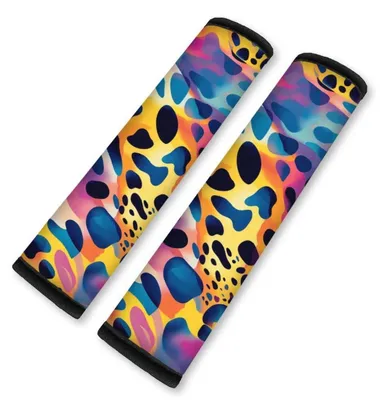Immagine prodotto di 2 cuscini per cintura di sicurezza, motivo arcobaleno e leopardo, in neoprene, dimensioni 28x6 cm