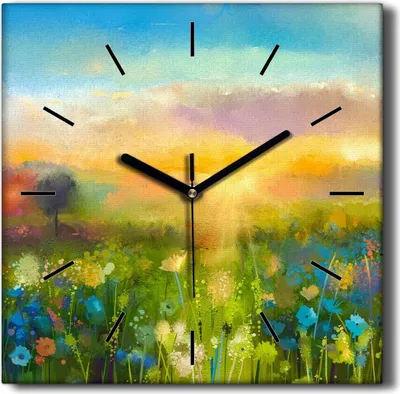 Produktbild von Coloray Hodiny Unikátní 30x30 cm  Tiché hodiny Pro obývací pokoj a kuchyň Nástěnné hodiny Plátno Černé ručičky hodin - Květiny západ slunce