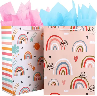 Produktbild von Regenbogen Geschenktüten Set mit Seidenpapier, Kinder Mädchen Geburtstagstüten, Rosa Papier mit Henkel