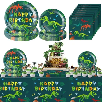 Image de Ensemble de décoration d'anniversaire sur le thème des dinosaures pour enfants, comprenant de la vaisselle et des décorations