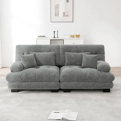 Produktbild von Ecksofa Wohnzimmer Chenille, 2-Sitzer Sofa mit 2 Lendenkissen & 2 Dekokissen, Massivholzrahmen