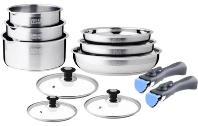 Image de Ensemble de batterie de cuisine en acier inoxydable ARTHUR MARTIN AM3220, 11 pièces, compatible induction, avec couvercles en verre