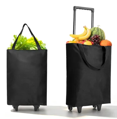 Productafbeelding van Opvouwbare boodschappentrolley 2-in-1, 30 liter, lichtgewicht op wielen met tas en sluiting, zwart