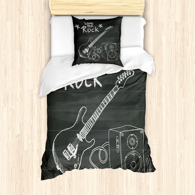 Produktbild von ABAKUHAUS Gitarre Mantele, Liebe Rockmusik Sketch, Milbensicher Allergiker geeignet mit Kissenbezügen, 135 cm x 200 cm - 80 x 80 cm, Charcoal Grau Weiß