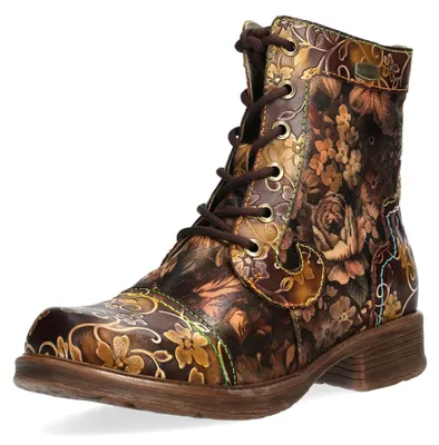 Produktbild von Laura Vita Damen Leder Stiefelette im Vintage-Look mit Blumenmuster Anitao 11, Größe:38 EU, Farbe:Braun