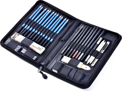 Produktbild von Set mit 40 Skizzenstiften, Kunst-Zeichenwerkzeugen mit Reißverschlusstasche, professionelles Skizzen-Zeichenstift-Set, Holzstifte für Kunstbedarf, Schule
