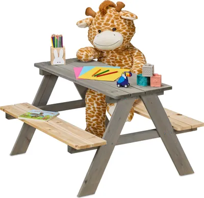 Produktbild von Relaxdays Kindersitzgarnitur Garten, Picknickbank, HBT: 51x90x78 cm, Kindersitzgruppe für 4 Kinder, Holz, grau/natur