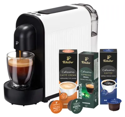 Produktbild von Tchibo Cafissimo NOW Kaffeemaschine Kapselmaschine inkl. 30 Kapseln für Caffè Crema, Espresso und Kaffee | 0,67 l | 1250 Watt | 11,4 x  33,7 x 23,5 cm | Weiß