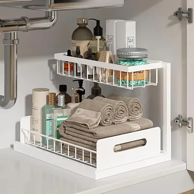 Produktbild von Unterspülenschrank Organizer Küche - 2-stöckiges Aufbewahrungsregal - Freistehend aus Eisen - Für Spüle, Bad, Schrank - Weiß