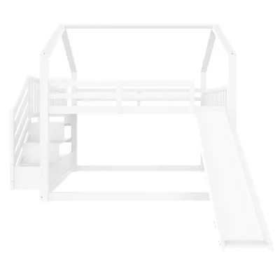 Produktbild von Flieks Etagenbett 140x200cm, Hochbett mit Treppe, Kinderbett mit Rutsche und Treppe, Hausbett mit Lattenrost, Massivholzbett Stockbett für Kinder