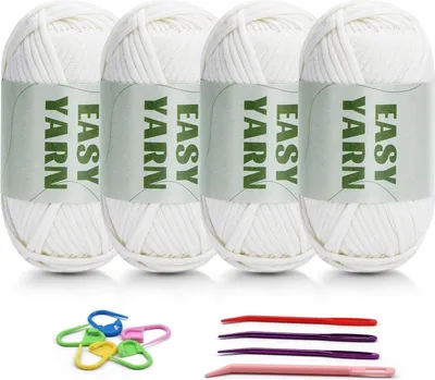 Image de Fil blanc pour crochet et tricot, set de 4 pièces avec accessoires, fil pour débutants, 50g