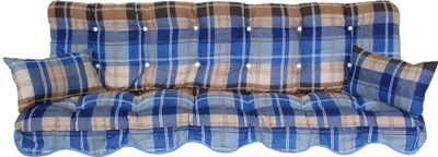A close-up, front-facing view of a tufted cushion set for a swing or bench, featuring a plaid pattern.