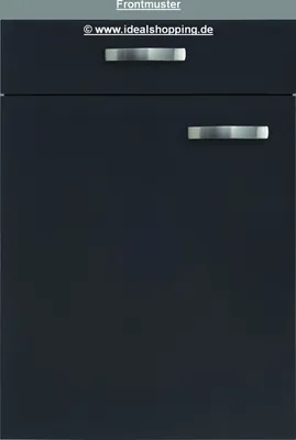 A close-up view of a dark grey kitchen cabinet with two silver handles.