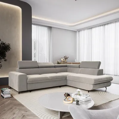 Produktbild von Masseno Ecksofa VELISS mit Schlaffunktion L-Form, Sofa mit Bettkasten, Wohnzimmersofa, Couch, Soffa, Bettsofa, Couchgarnitur- Hellgrau, CASTEL 80