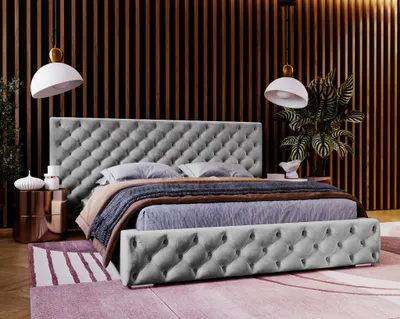 Obrázok produktu pre Manželská posteľ 180x200 Bella – čalúnená posteľ Chesterfield, úložný priestor, rošt – posteľ Glamour, sivá