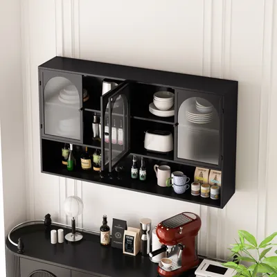 Produktbild von STILVORA Hängeschrank mit 4 Glastüren,Wandvitrinen mit Offene Regale,Wandschrank für Küche,Wohnzimmer und Badezimmer,Schwarz
