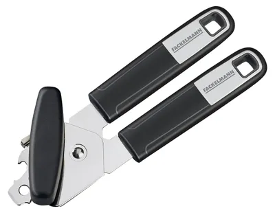 Zdjęcie produktu dla Otwieracz do puszek Fackelmann 20 cm SENSE z antypoślizgowym i ergonomicznym uchwytem soft-touch, w tym otwieracz do butelek, dziurkacz do puszek i otwieracz do butelek (kolor: srebrny/czarny)