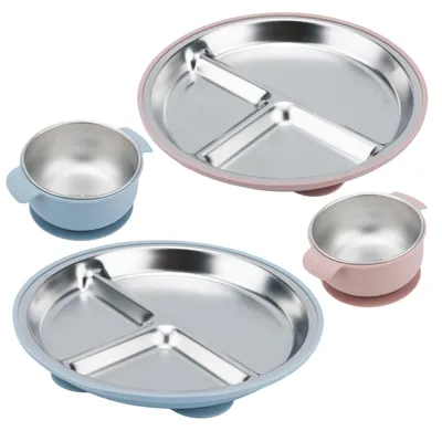 Image de Ensemble de 4 assiettes et bols pour bébé en acier inoxydable avec ventouse en silicone