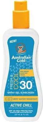 Immagine prodotto di Australian Gold Fresh & Cool Spray Gel Crema solare SPF30 Non grassa, a rapida asciugatura, vegana, molto resistente all'acqua 237 ml