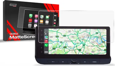 A screen protector is shown placed over a car's infotainment screen displaying a map.