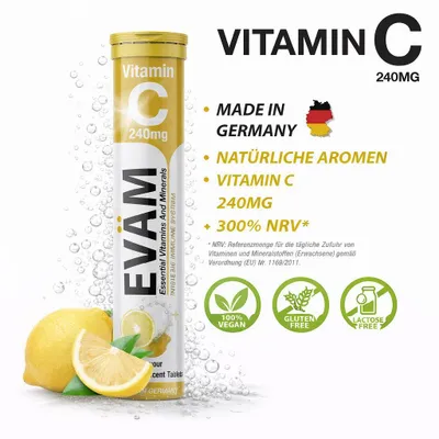 Produktbild von Vitamin C Brausetabletten Zitronengeschmack, Immunsystem & Energie, Verringerung von Müdigkeit und Ermüdung, zuckerfrei vegan, 20 Stück – EVÄM