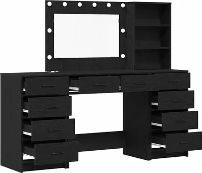 A black vanity table with a mirror and shelves, shown from a front-diagonal angle.