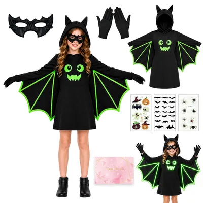 Fledermauskostüm für Kinder, Mädchen, Halloween, 120 cm, Schwarz