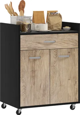 Image de HOMCOM Chariot de service desserte de cuisine à roulettes tiroir placard 2 portes étagère en bois gris effet bois, noir