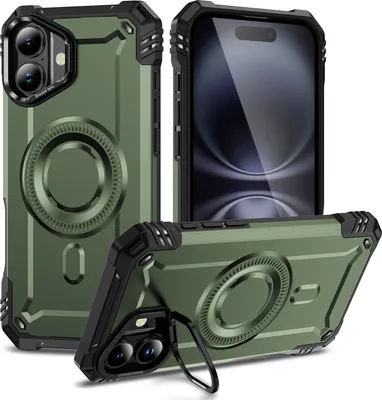 Image de Étui magnétique pour iPhone 16, étui de protection militaire robuste avec support d'anneau pour appareil photo Vert