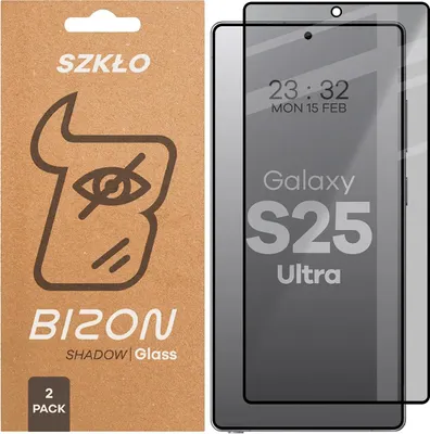 Produktbild von 2x Gehärtetes Glas mit Privatschutzfilter für Galaxy S25 Ultra, Bizon Glass Edge Shadow Duo, getönt mit schwarzer Rahmen