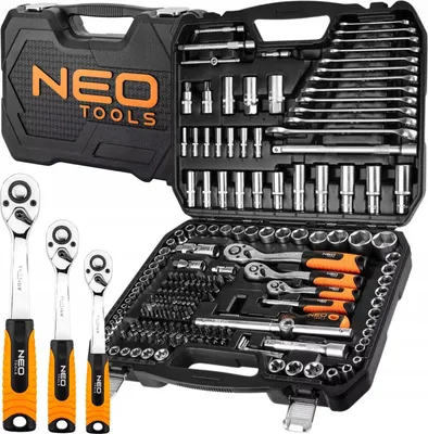 Produktbild von Steckschlüsselsatz NEO 216-teilig 1/2" 1/4" 3/8" CrV inklusive Knarren und Bits