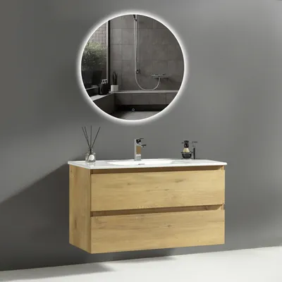 Produktbild von Alpenberger Waschbecken mit Unterschrank 100 cm Breit | Waschbeckenunterschrank Gäste WC | Led Badspiegel | Runder Spiegel mit Beleuchtung