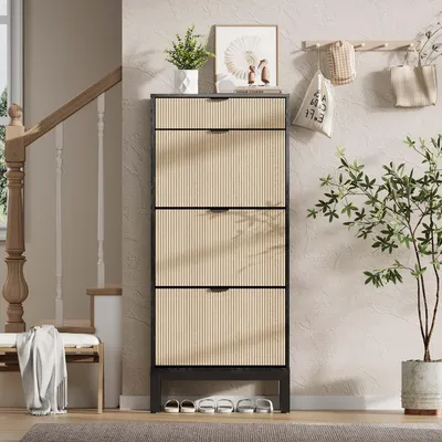 Obrázok produktu pre Úzka komoda na topánky s 3 dvierkami a 1 zásuvkou, s reliéfnymi vlnitými prednými plochami, materiál: MDF + drevotrieska, farba: čierna + dub