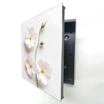 Produktbild von Schlüsselkasten Schwarz Metall, weiße Blumen Motiv hinter Glas, Moderne Schlüsselbox rechtsöffnend, 32x28x6,5 cm, 20 Haken für Ordnung im Flur.