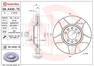 Imagen del producto de 2 discos de freno BREMBO, modelo 09.A430.75, para FIAT Scudo (270_ 272_), con un diámetro de 48 mm y un tamaño de 304 mm