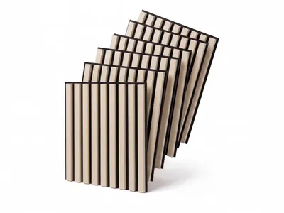 Obrázek produktu pro MEBANO. Sada 6 akustických panelů, rozměr 40x40 cm, barva: kašmír. Nástěnné panely z dřevěné dýhy a filce. Moderní lamely na stěnu, Obrázek vytvořený pomocí AI