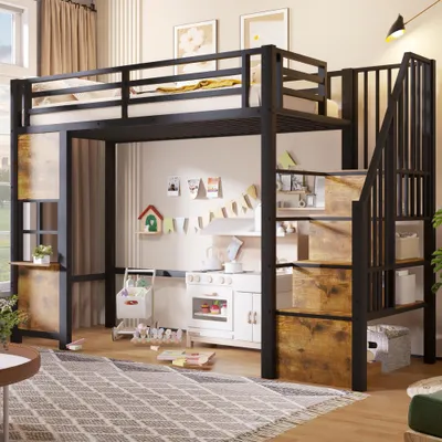 Produktbild von Hochbett Kinderbett Eisenrahmen mit Ablageleiter, Fenster, offener Stauraum unter dem Bett, Sicherungsgeländer, ohne Matratze, Schwarz , 90x200 cm