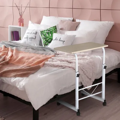 Produktbild von Beistelltisch C-Form höhenverstellbar, Couchtisch Nachttisch, Spanplatte Ahorn, auf Rollen | 60x40 cm | 68–78 cm Höhe | 20 kg | 4 Rollen mit Bremse