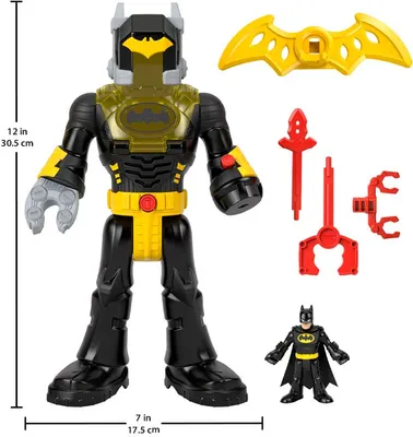 A toy Batman figure with accessories, shown with size indicators.