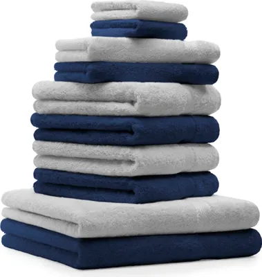 Produktbild von Betz 10-tlg. Handtuch-Set PREMIUM 2 Duschtücher 4 Handtücher 2 Gästetücher 2 Waschhandschuhe  Farbe:  dunkel blau & silber grau