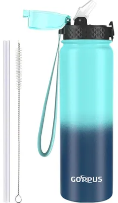 Productafbeelding van Thermosfles 1 liter, roestvrij staal, met rietje, lekvrij, BPA-vrij, groen/blauw