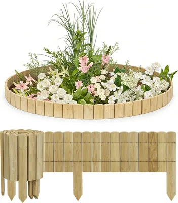 Obrázek produktu pro UISEBRT Flexibilní dřevěný plot, výška 30 cm, délka 2 m, přírodní, plot na záhon z borového dřeva s kovovým drátem, DIY zahradní plot, dekorativní ohraničení záhonu