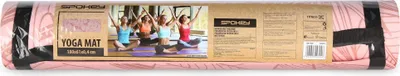 A rolled-up yoga mat in its packaging, with product information and a lifestyle image of people doing yoga.