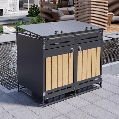 Productafbeelding van Afvalcontainerbox - 131 x 79 x 116 cm, zwart, staal, geschikt voor 2 afvalcontainers, hydraulisch scharnierend deksel, afsluitbaar, geventileerd