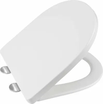 A white toilet seat with silver hinges, shown from a diagonal top-down angle.