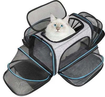 Obrázok produktu pre Ibenzoa® Skladacia prepravná taška pre domáce zvieratá, 300D nylon, sivá a modrá, pre mačky a malé psy do 6 kg, 49 x 28 x 28 cm (rozšíriteľná až na 105 x 72 x 28 cm), 1,7 kg