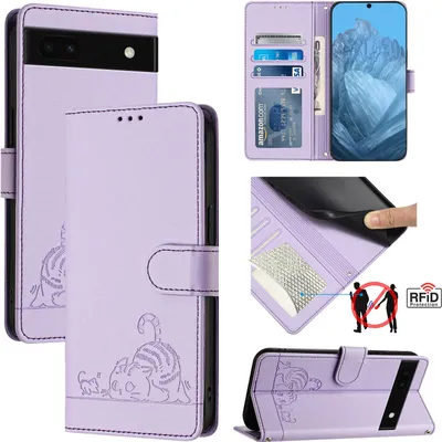 Image de Etui en cuir pour Google Pixel 6A, étui à rabat avec fonction stand et portefeuille Violet