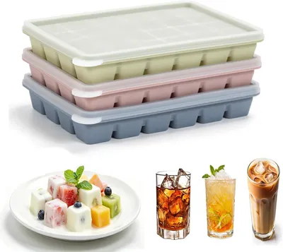 Produktbild von Eiswürfelbehälter - 3 Stück Silikon-Eiswürfelformen - Eiswürfelbehälter mit Deckel - Eiswürfelformen - Wiederverwendbare Eiswürfel